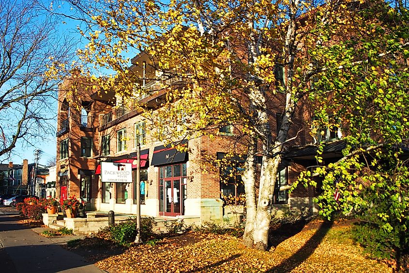 Charming shops and boutiques in the village center of Skaneateles, New York, on an autumn morning.