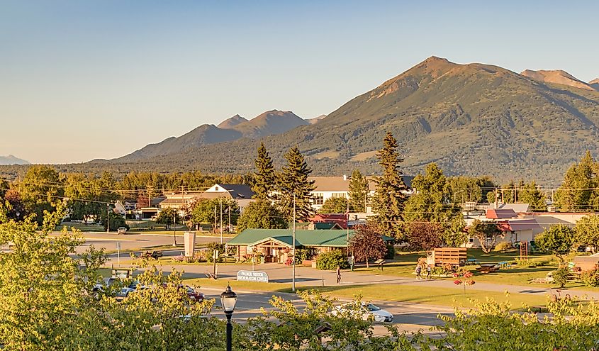 Palmer Visitor Information Center and a view of the Chugach Range in summertime, Palmer, Alaska,