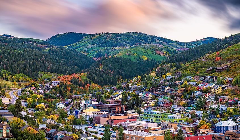 Aerial view of Park City, Utah, USA downtown in autumn at dusk.