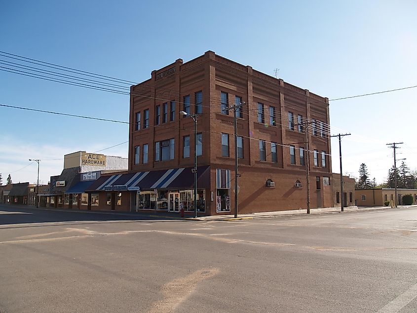 Street view of shops in Bottineau, North Dakota.