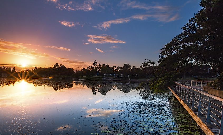 A sunset view of Lake Eden in North Lakes, Queensland.