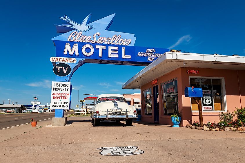 The historic Blue Swallow Motel, along the US Route 66, in the city of Tucumcari, New Mexico.