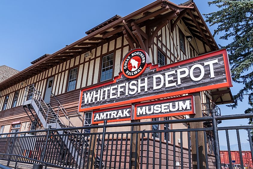 Sign for the Whitefish Depot Amtrak station and Whitefish Museum