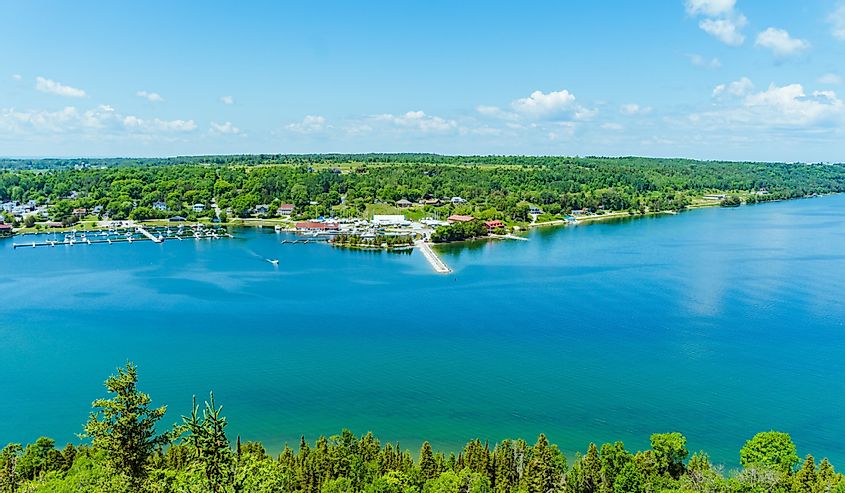 Aerial view of Gore Bay in Manitoulin Island on a hot summer day