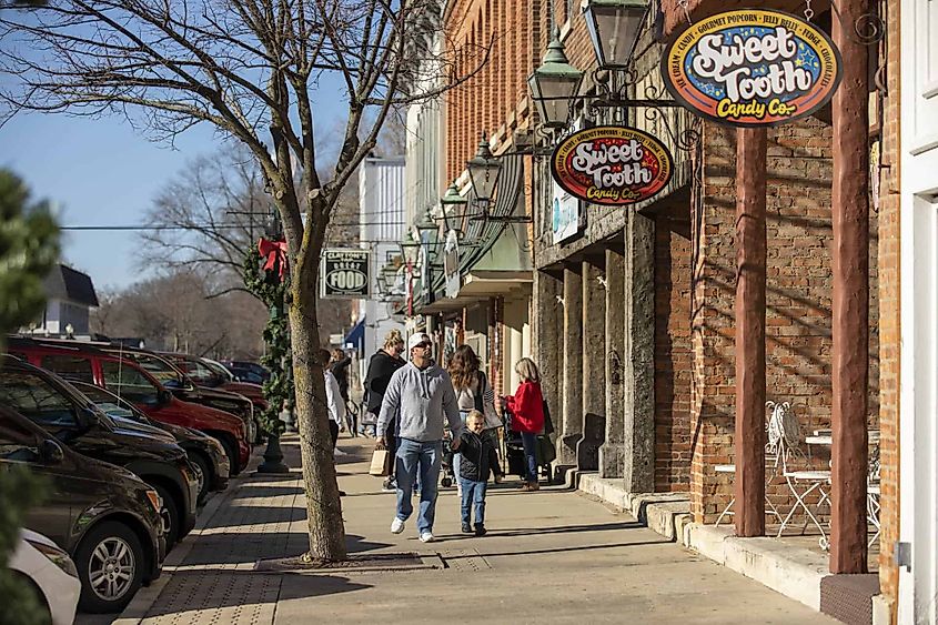 Shops and cafes in downtown Morris, Illinois. 
