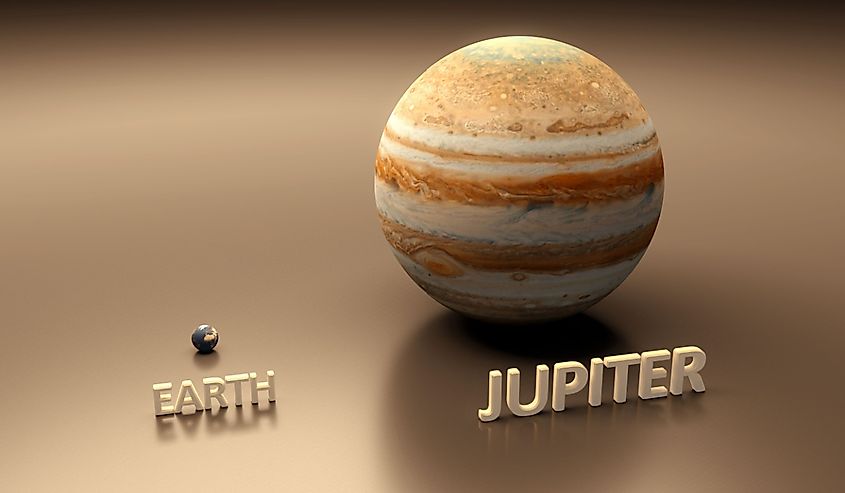 A rendered size-comparison sheet between the Planets Earth and Jupiter with captions
