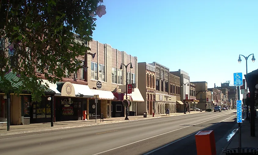 Historic buildings lined along the main street in Marshalltown, Iowa.