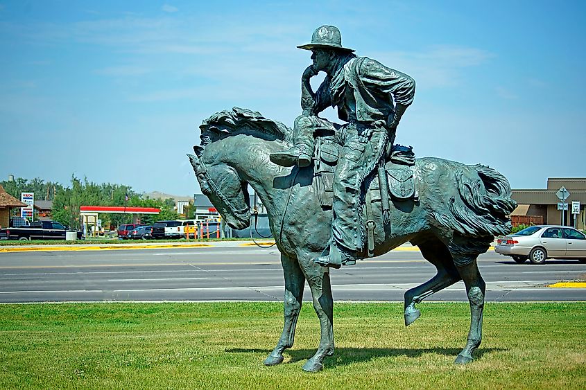 Statue of Cowboy resting on his horse in Lander, Wyoming