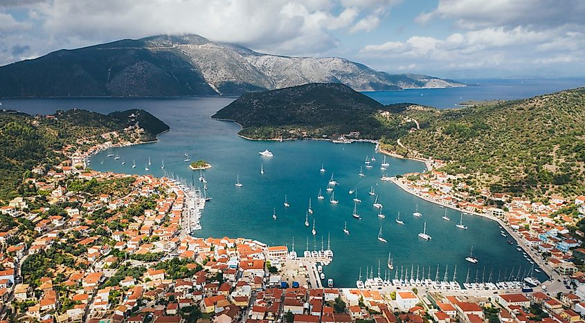 Aerial view to the bay of Vathi, Ithaca, Greece. 
