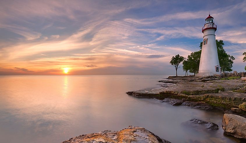 The Marblehead Lighthouse on the edge of Lake Erie in Ohio, USA. Photographed at sunrise.