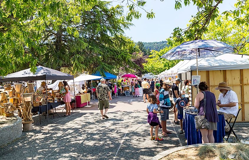 Shoppers at the popular Saturday Farmers Market, Fulford Harbor, Salt Spring Island