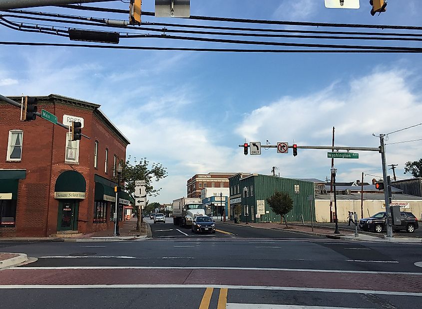 At the northwest end of Maryland State Route 979 (Main Street) at U.S. Route 1 southbound (Washington Boulevard) in Laurel, Prince Georges County, Maryland.