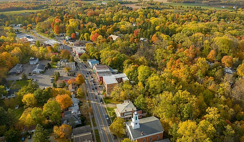 Late afternoon aerial autumn image of the area surrounding the Village of Trumansburg, New York