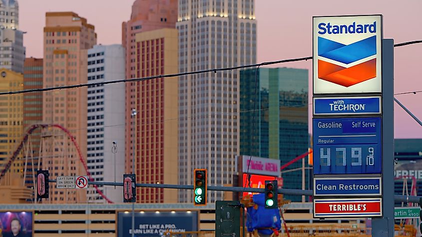 Gas station with high gas prices in Las Vegas. Editorial credit: 4kclips / Shutterstock.com