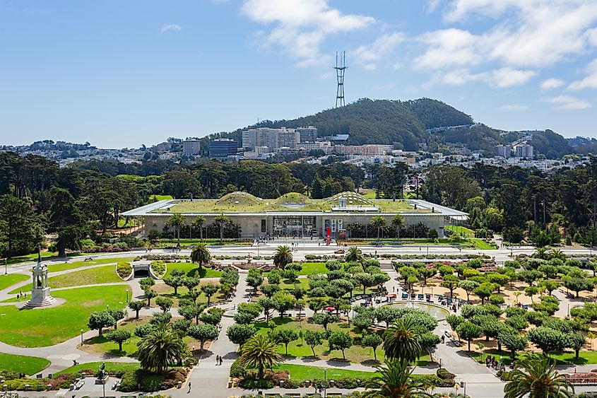 High angle view of the California Academy of Sciences with the Morrison Planetarium.
