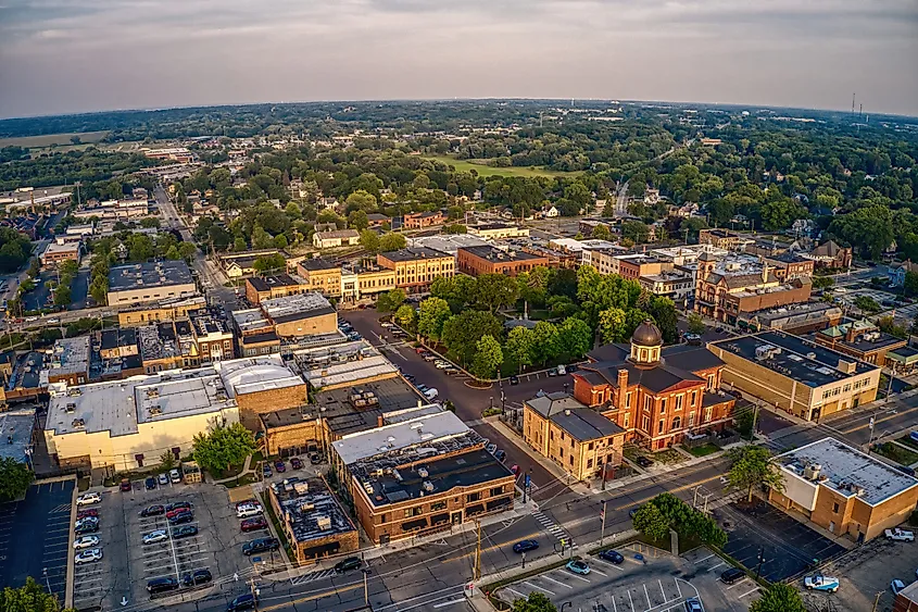 Aerial view of downtown Woodstock, Illinois