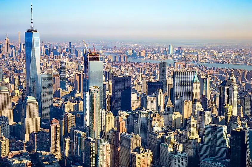 The New York City skyline at dusk