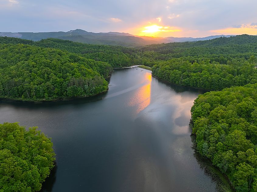 Sunset over the Plum Orchard Lake in West Virginia.