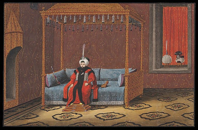 Sultan Mahmud II enthroned. Credit: anonymous Greek artist, ca. 1809, Public domain, via Wikimedia Commons