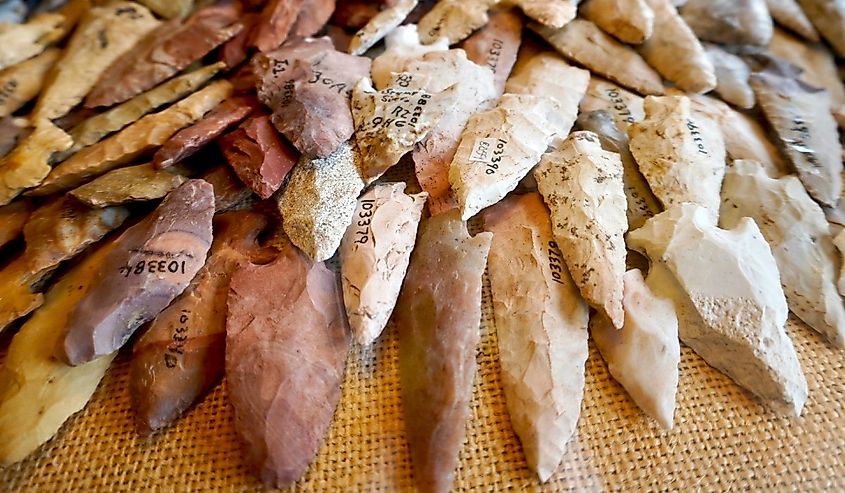 Display of arrowheads at Poverty Point World Heritage Site. Stone tools, including projectile points, can survive for long periods, are relatively plentiful, providing useful clues to the human past