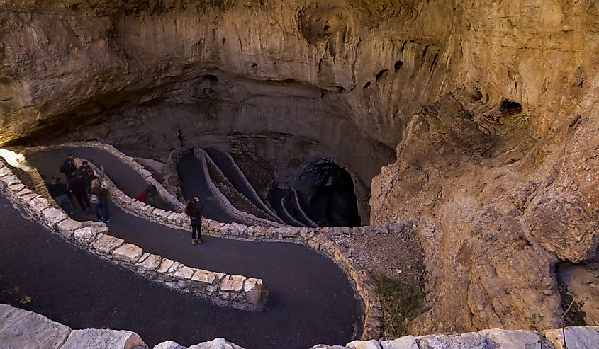 Switchback footpath winds into natural opening of Carlsbad Caverns