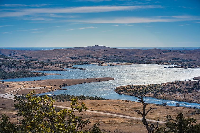 Aerial shot of Lake Lawtonka viewed from peak of Mount Scott, Oklahoma