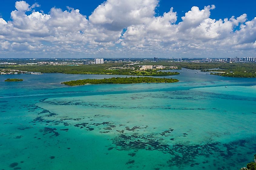 Aerial view of the shallow waters of the Biscayne Bay