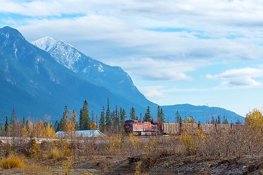Train passing by the town of Golden, with the Canadian Rockies in the background, taken from the town of Golden, British Columbia. Editorial credit: Roxana Gonzalez / Shutterstock.com