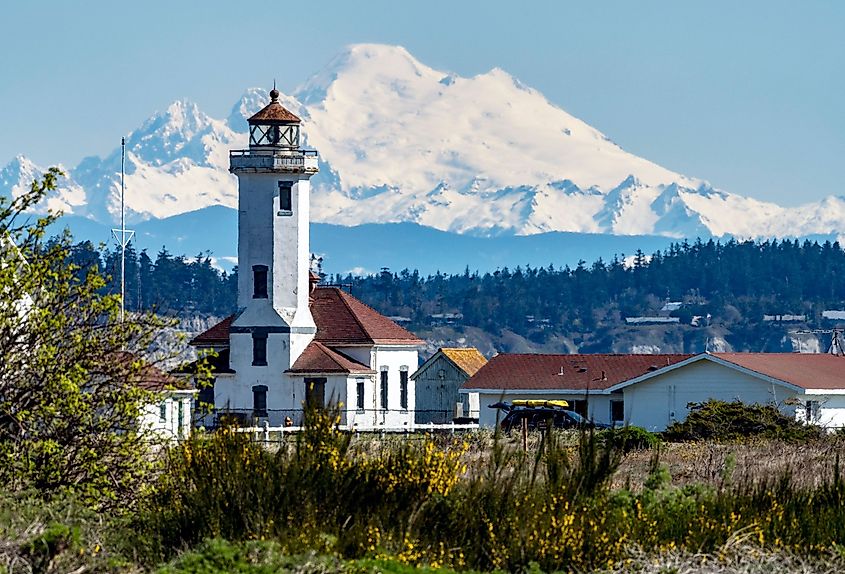 Mount Baker and lighthouse in Port Townsend, Washington.