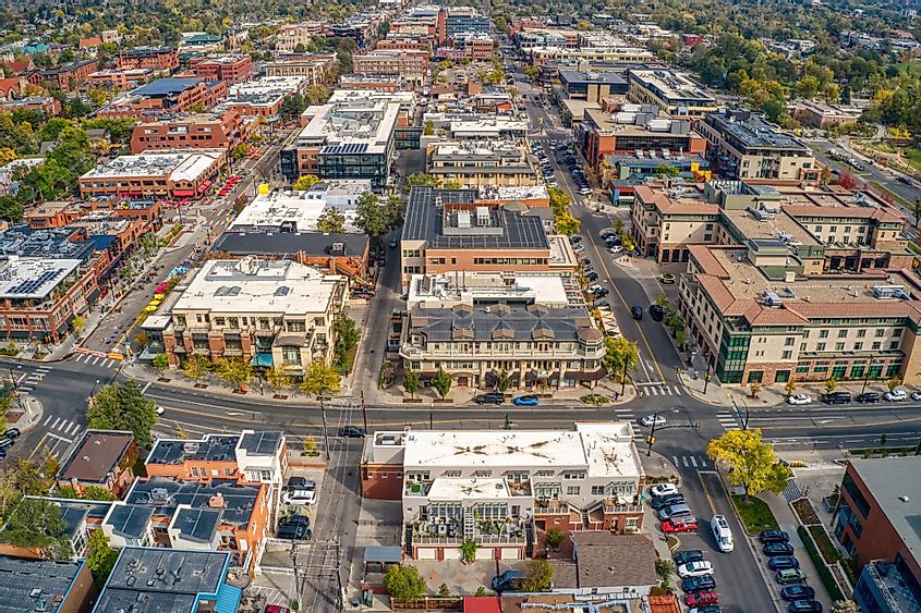 Aerial view of the shopping and dining downtown center of Boulder, Colorado