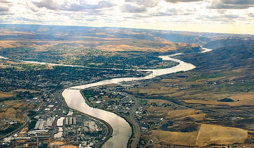 Aerial photo of lewiston idaho and clarkston washington taken east to west over the snake river late