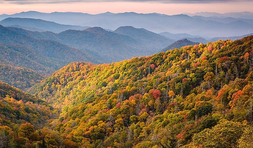 Great Smoky Mountains National Park, Tennessee, USA overlooking the Newfound Pass in autumn.