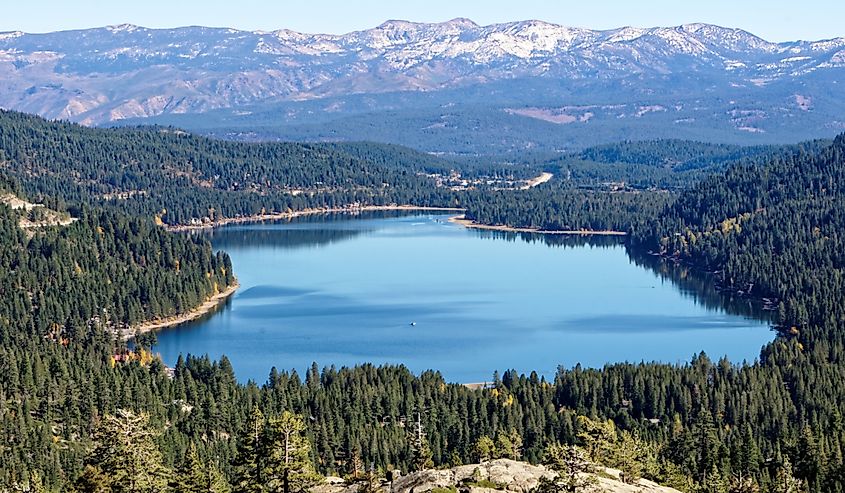 Aerial view of Donner Lake, California with mountains in the background