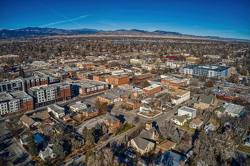 Aerial view of downtown Loveland, Colorado during winter