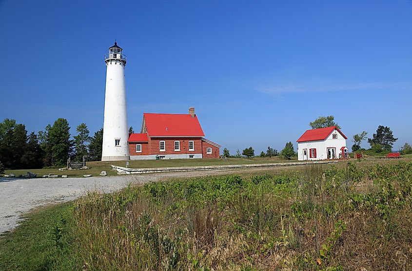 Historic Ottawa Point lighthouse in Tawas City, Michigan, on Lake Huron.