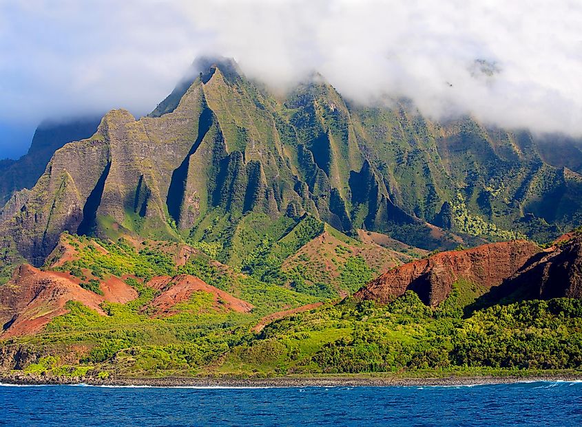 The beautiful, rugged Na Pali Coast and blue ocean of Kauai, Hawaii