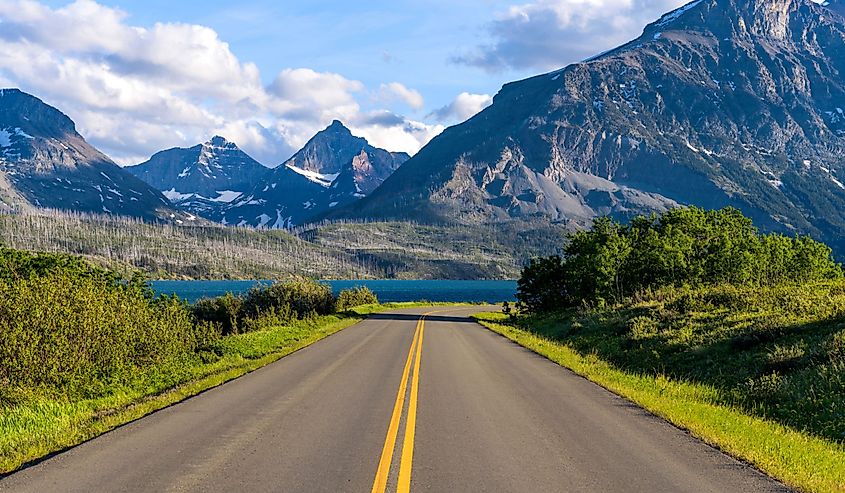 A Spring evening view of an east section of Going To The Sun Road at Saint Mary Lake