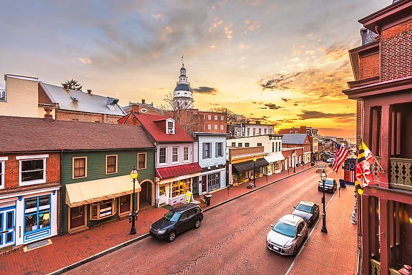 Downtown view over Main Street with the State House in Annapolis, Maryland, USA, at dawn.