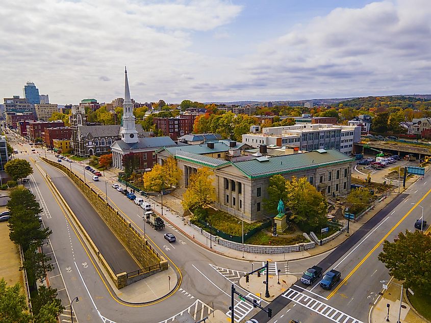Old Worcester District Court aerial view at 2 Main Street with fall foliage in city of Worcester, Massachusetts
