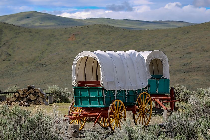 Oregon Trail covered wagons near Baker City, Oregon