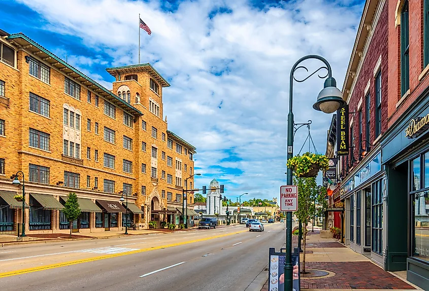 Downtown street with historic storefronts in St. Charles, Illinois