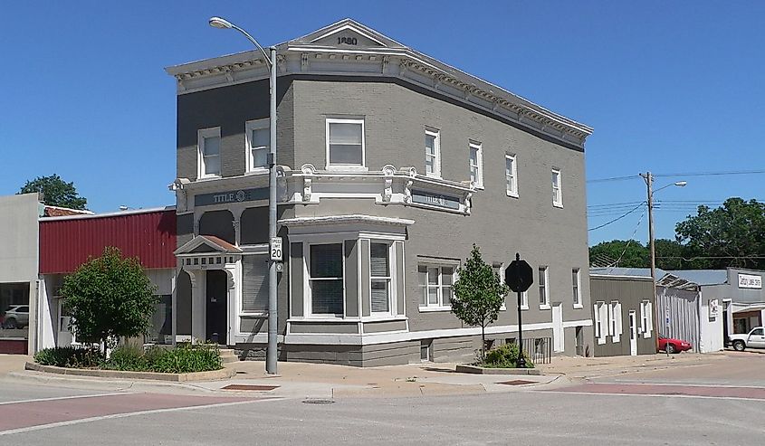 Downtown Nebraska City, Nebraska: old Nebraska City National Bank building at 700 Central Avenue (northwest corner of Central and 7th Street). View is from the southeast.