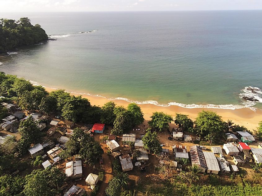 An aerial view of Burra beach and village in Prince Island, São Tomé and Príncipe, Africa.