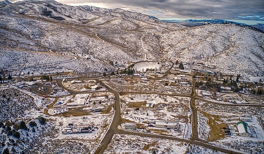 Aerial View of the tiny town of Austin, Nevada on Highway 50