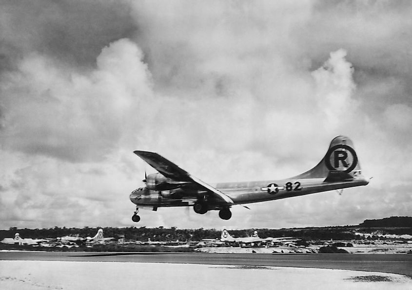 B-29 Superfortress 'Enola Gay' landing after the atomic bombing mission on Hiroshima, Japan. Tinian, Marianas Islands.August 6, 1945.