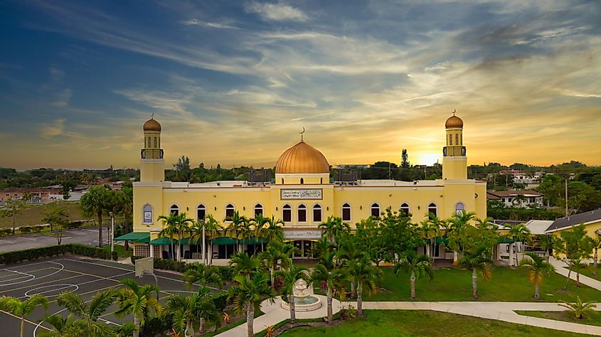 The Islamic Center of Greater Miami building at sunset in Miami Gardens, Florida