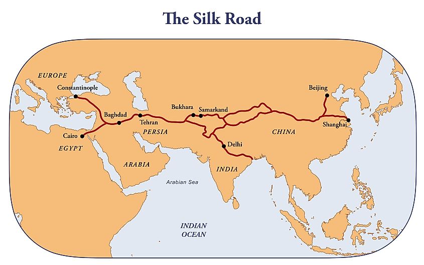 Map of the ancient silk road between China and Europe
