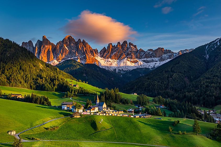 Santa Maddalena (Santa Magdalena) village with magical Dolomites mountains in autumn, 