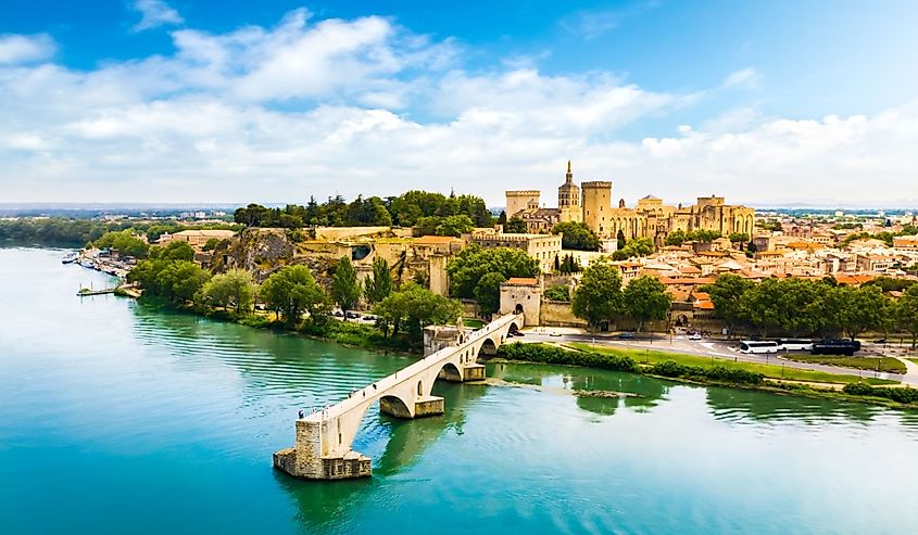 Saint Benezet bridge and Rhone river aerial panoramic view in Avignon, France