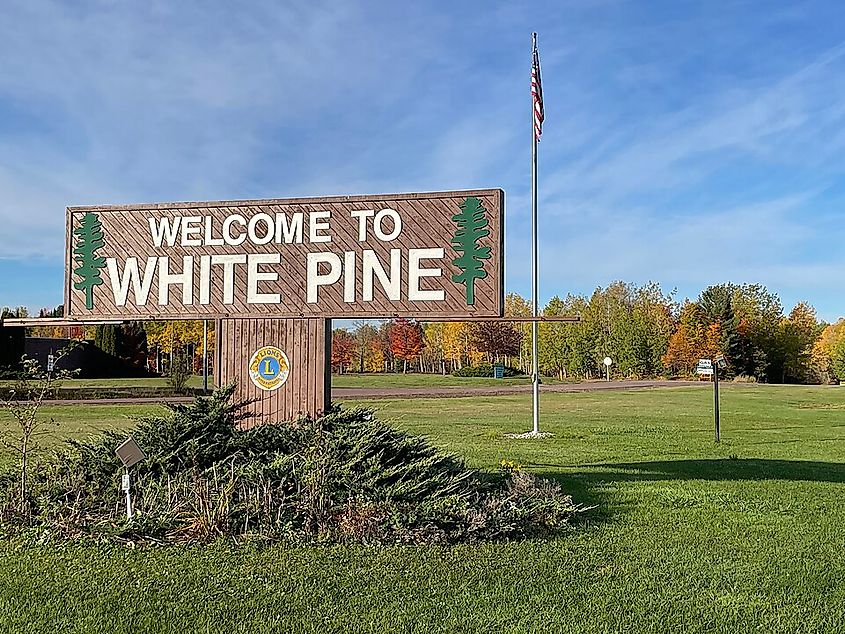 Entry sign to White Pine, Michigan in Ontonagon County, Michigan. Photo via Wikimedia Commons.